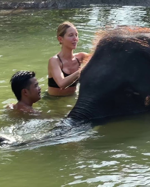 On a trip to Thailand, the London socialite and model shared a video of herself bathing an elephant in a river at the Pattaya Elephant Sanctuary in Bangkok.